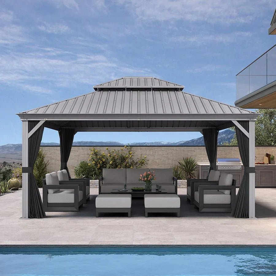 Patio Gazebo for Pool Light Grey Hardtop Galvanized Steel Roof with String Lights-clear - Image 82