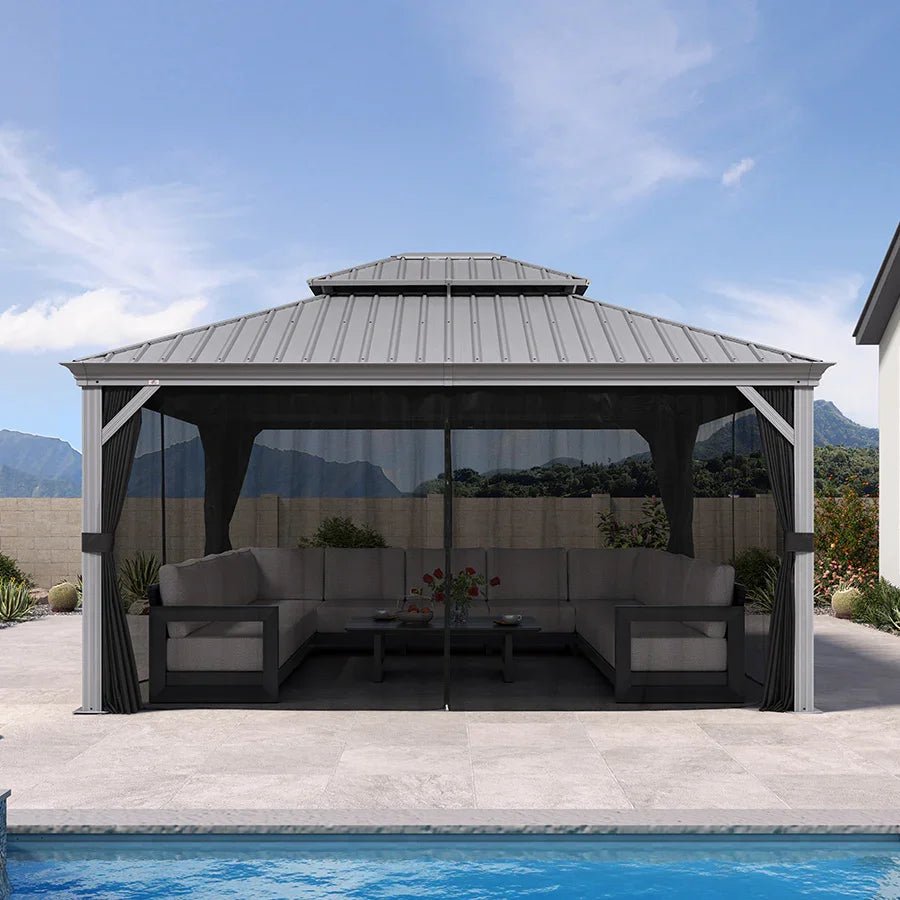 Patio Gazebo for Pool Light Grey Hardtop Galvanized Steel Roof with Upgraded Curtains - Image 109