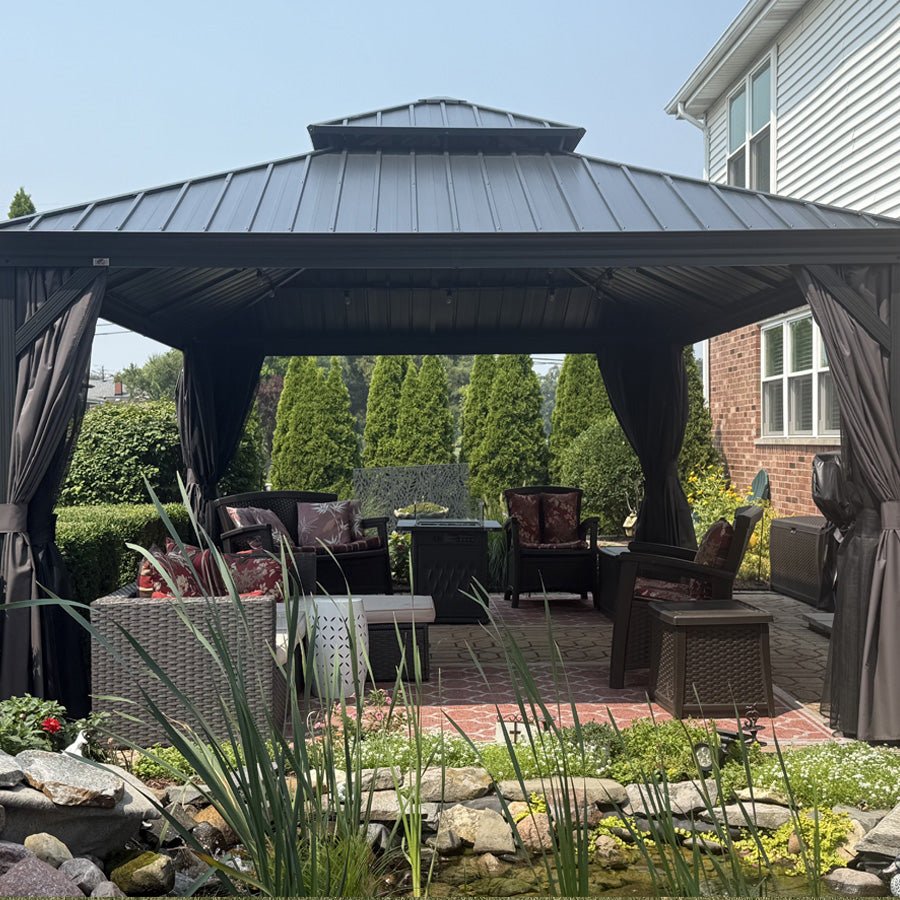Patio Gazebo for Backyard Grey Hardtop Galvanized Steel Roof Awning with Upgrade Curtain - Image 164