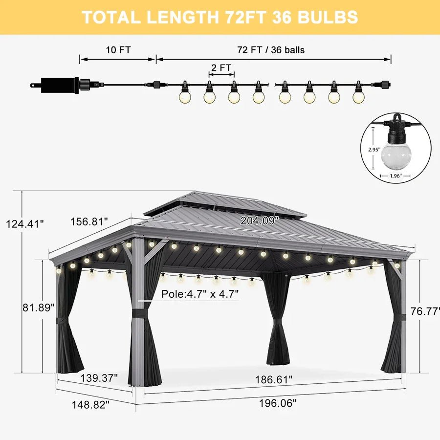 Patio Gazebo for Pool Light Grey Hardtop Galvanized Steel Roof with String Lights-clear - Image 99