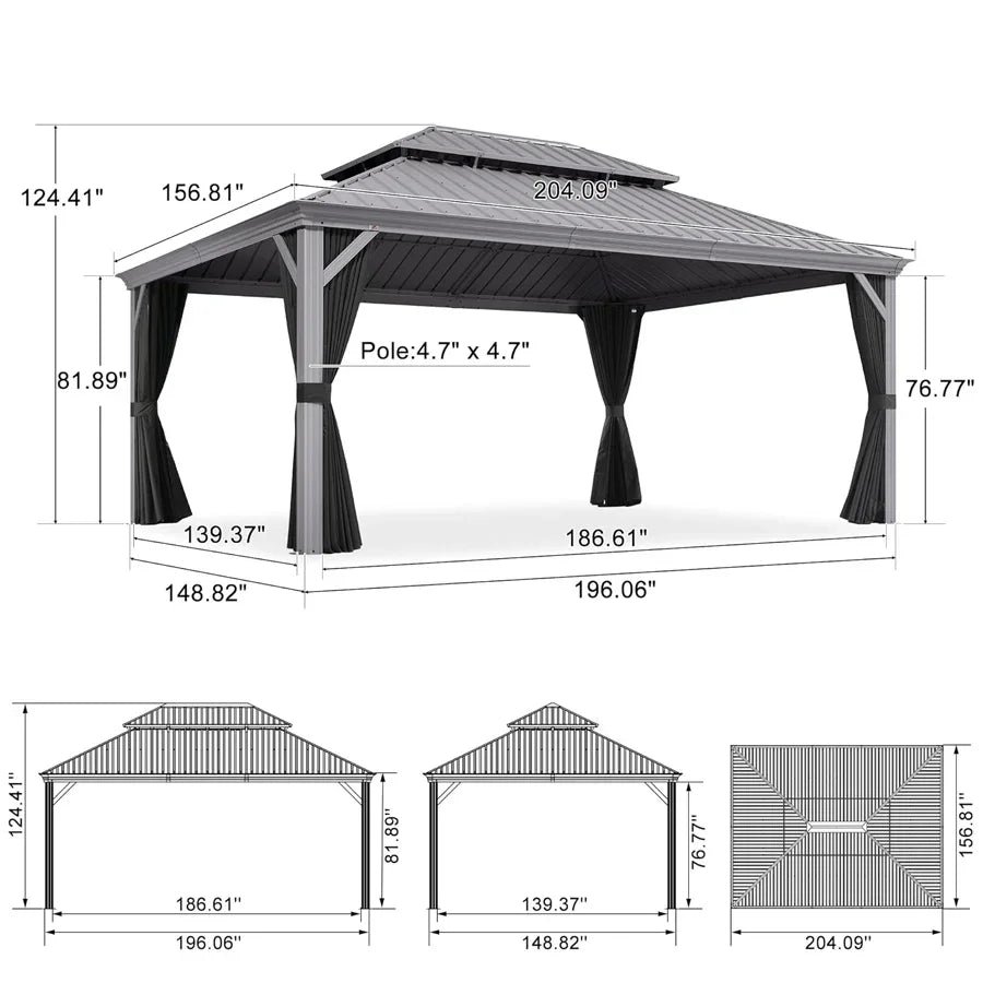 Patio Gazebo for Pool Light Grey Hardtop Galvanized Steel Roof with Upgraded Curtains - Image 122