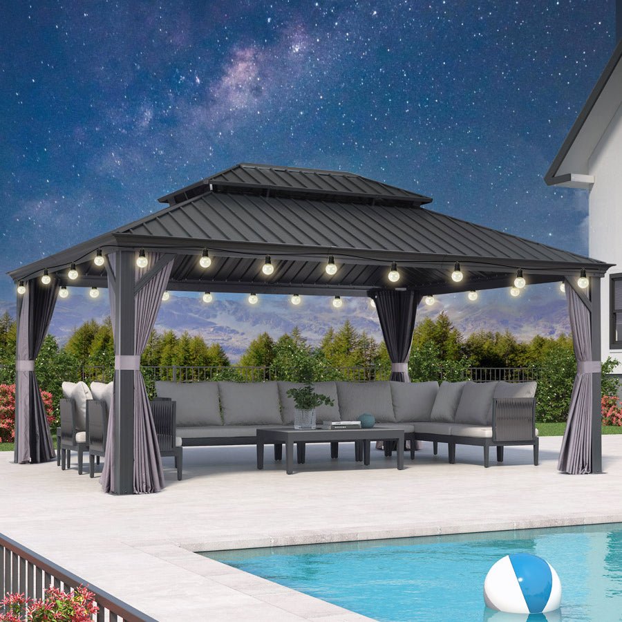 Gazebo for Backyard Grey Hardtop Galvanized Steel Roof Awning with String Lights-clear - Image 81