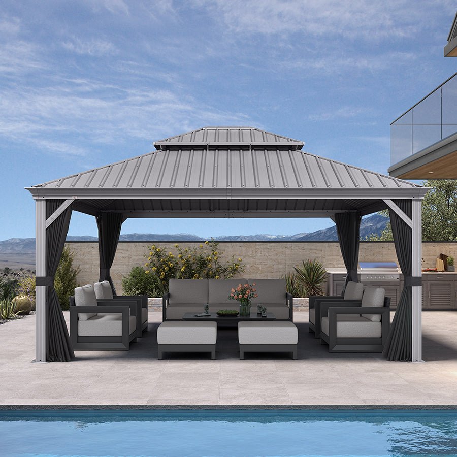Patio Gazebo for Pool Light Grey Hardtop Galvanized Steel Roof with String Lights-clear - Image 85