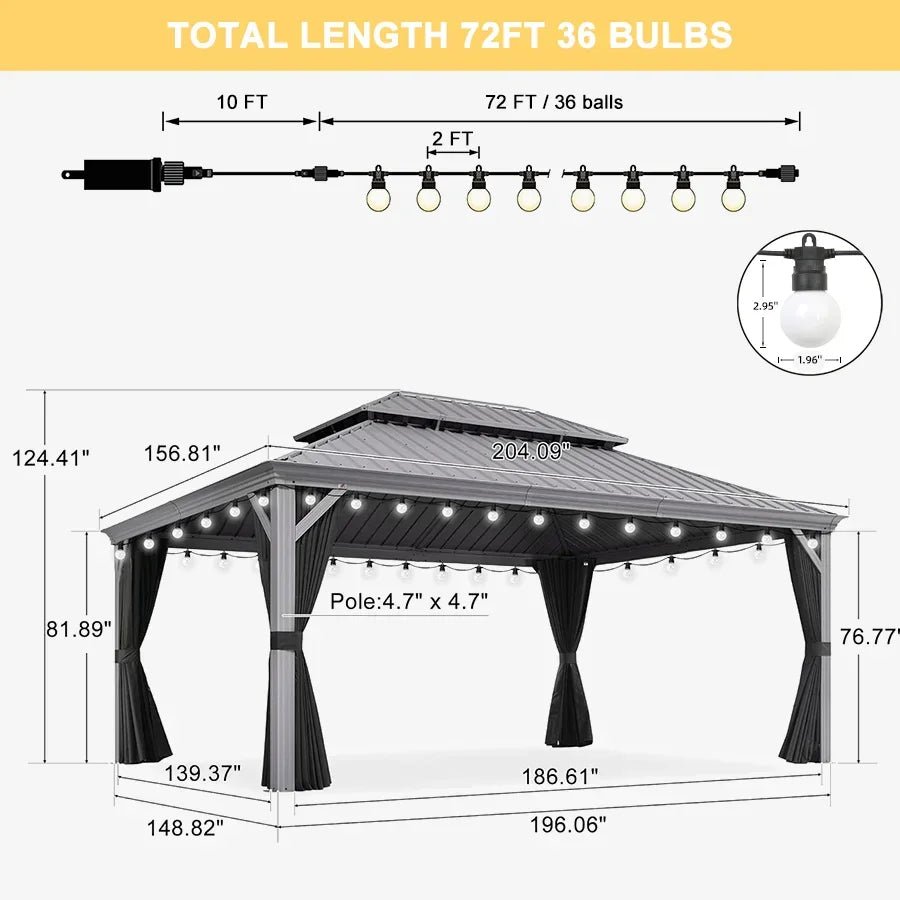 Patio Gazebo for Pool Light Grey Hardtop Galvanized Steel Roof with String Lights-milky - Image 98