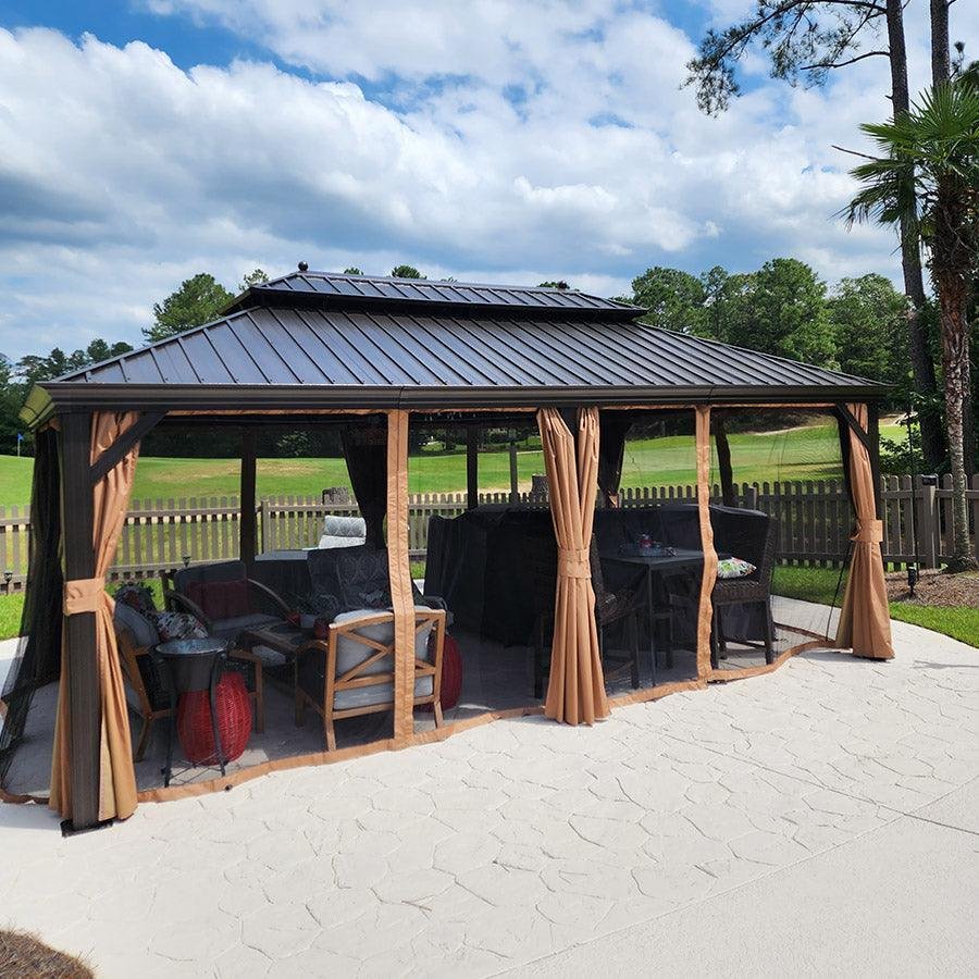 Outdoor Hardtop Gazebo for Garden Bronze Double Roof Aluminum Frame Pavilion with String Lights-milky - Image 95
