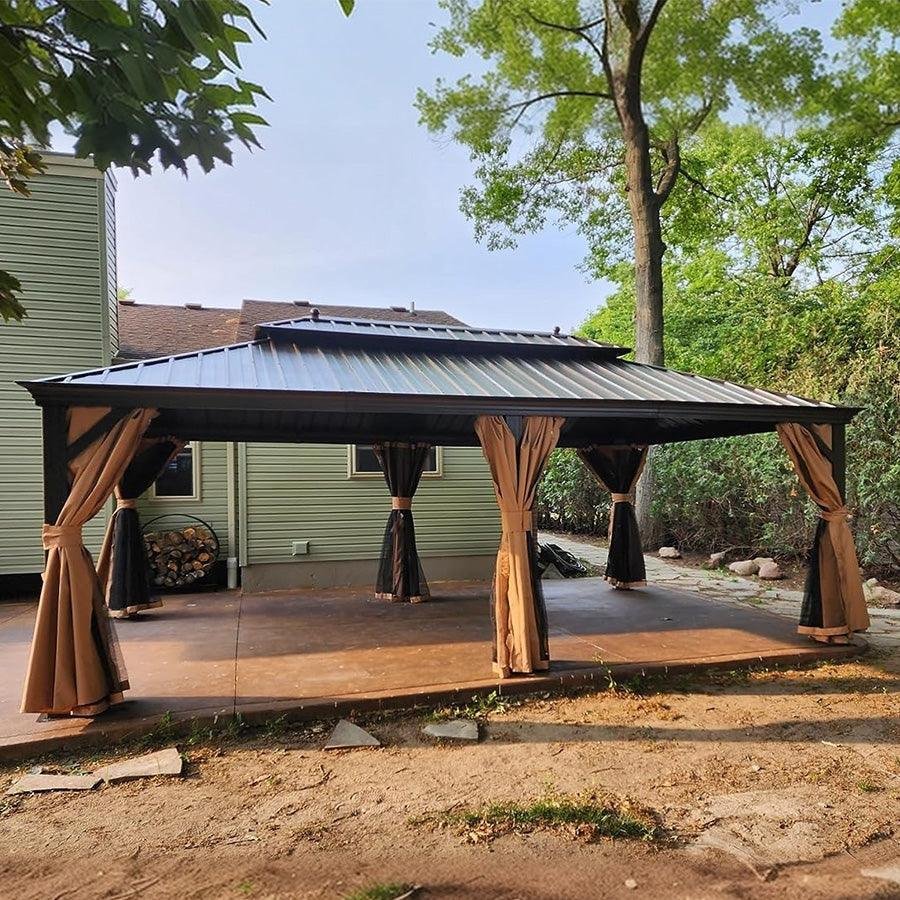 Outdoor Hardtop Gazebo for Garden Bronze Double Roof Aluminum Frame Pavilion with String Lights-milky - Image 99