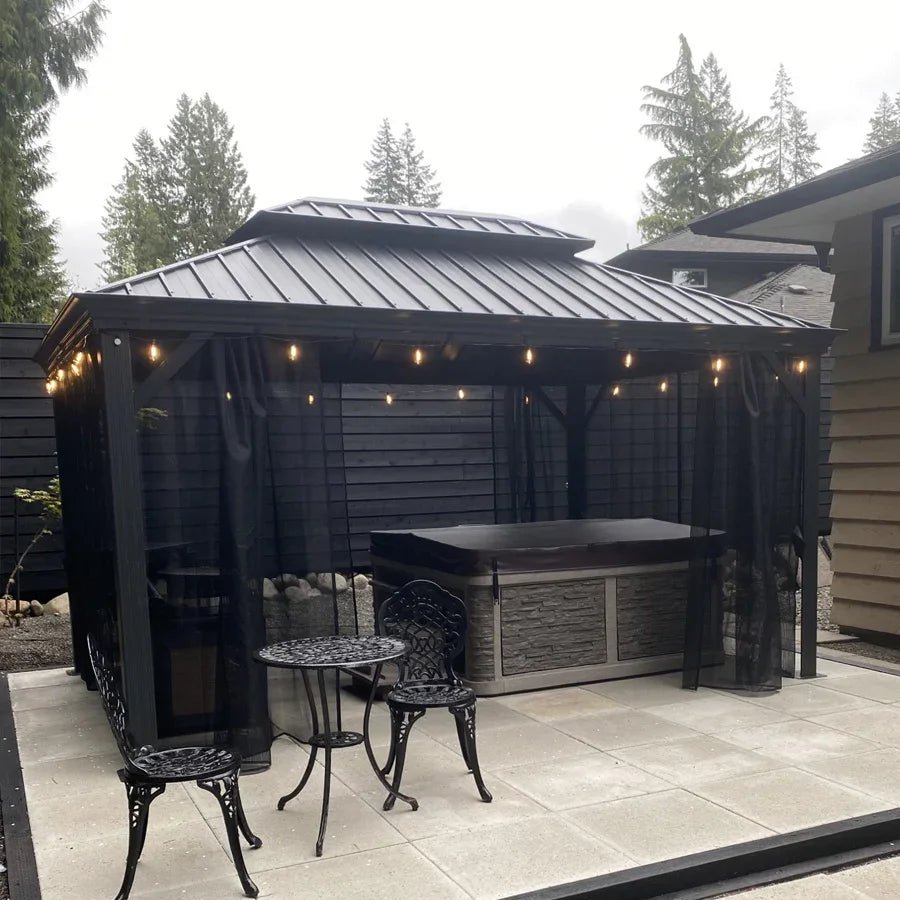 Gazebo for Backyard Grey Hardtop Galvanized Steel Roof Awning with String Lights-clear - Image 95