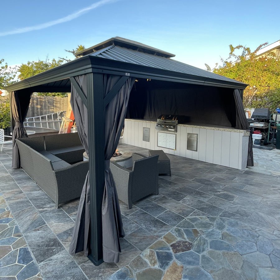 Patio Gazebo for Backyard Grey Hardtop Galvanized Steel Roof Awning with Upgrade Curtain - Image 168
