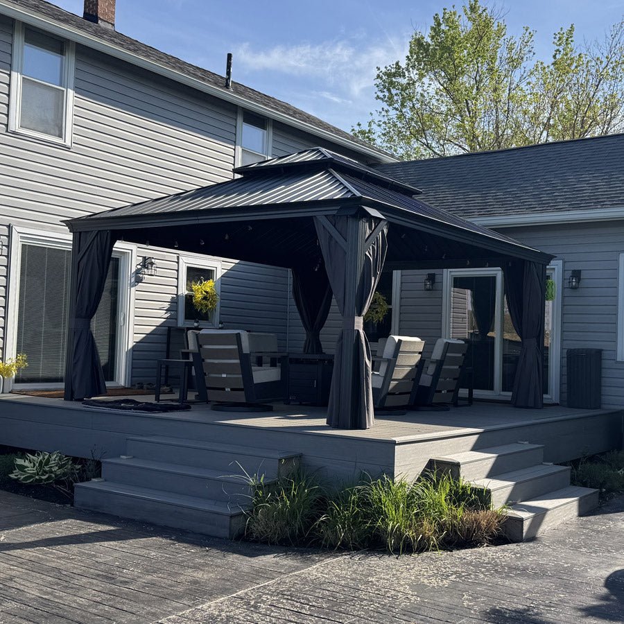 Gazebo for Backyard Grey Hardtop Galvanized Steel Roof Awning with String Lights-clear - Image 138