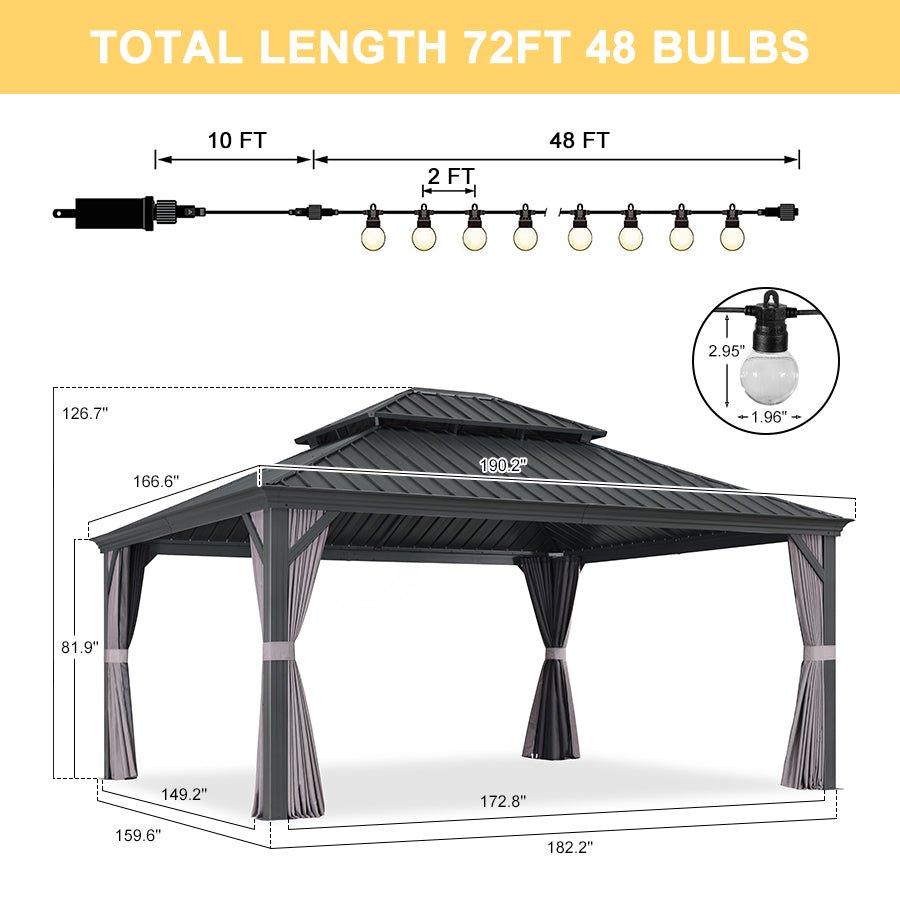 Gazebo for Backyard Grey Hardtop Galvanized Steel Roof Awning with String Lights-clear - Image 80