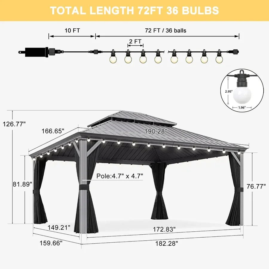 Patio Gazebo for Pool Light Grey Hardtop Galvanized Steel Roof with String Lights-milky - Image 102