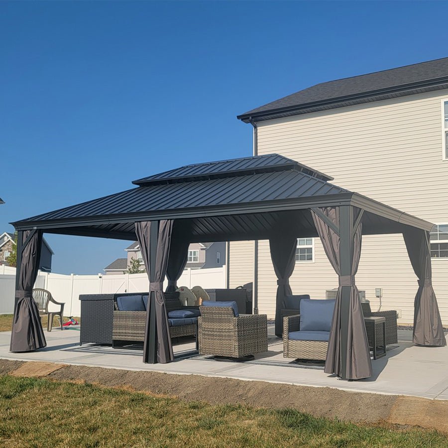 Gazebo for Backyard Grey Hardtop Galvanized Steel Roof Awning with String Lights-clear - Image 134