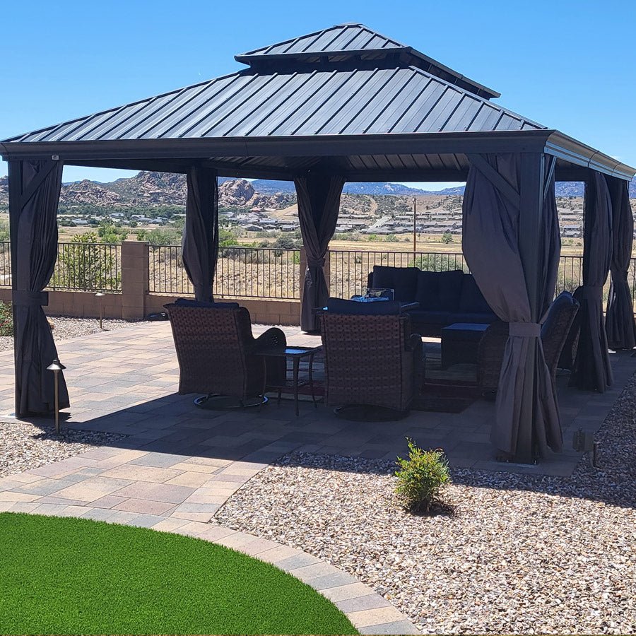 Patio Gazebo for Backyard Grey Hardtop Galvanized Steel Roof Awning with Upgrade Curtain - Image 170