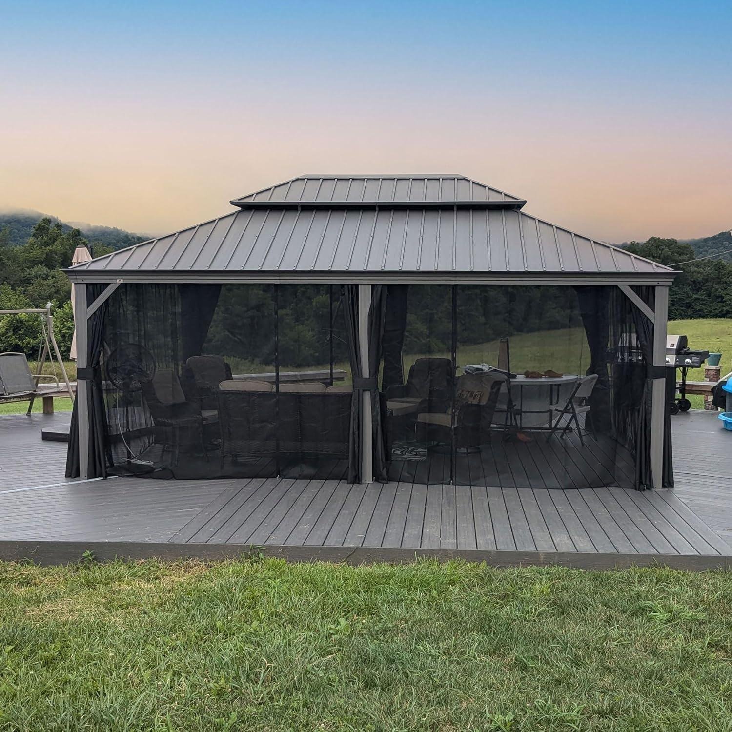 Patio Gazebo for Pool Light Grey Hardtop Galvanized Steel Roof with Upgraded Curtains - Image 51
