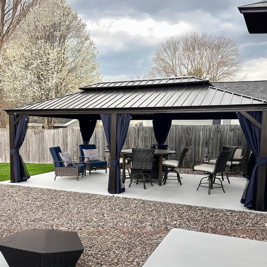 Outdoor Hardtop Gazebo for Patio Bronze Aluminum Frame Pavilion with Navy-Blue Curtain - Image 3