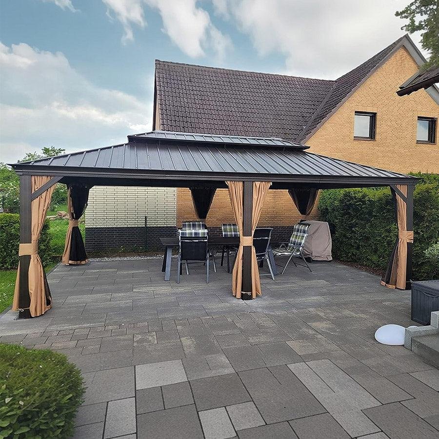 Outdoor Hardtop Gazebo for Garden Bronze Double Roof Aluminum Frame Pavilion with String Lights-clear - Image 100