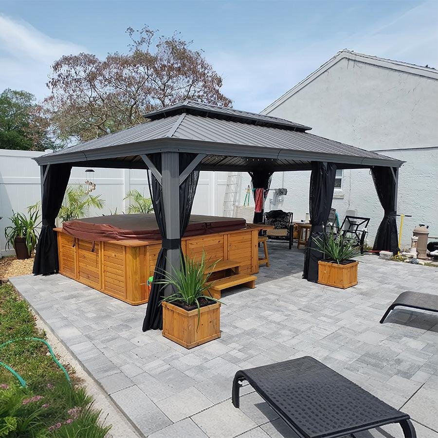 Patio Gazebo for Pool Light Grey Hardtop Galvanized Steel Roof with Upgraded Curtains - Image 75