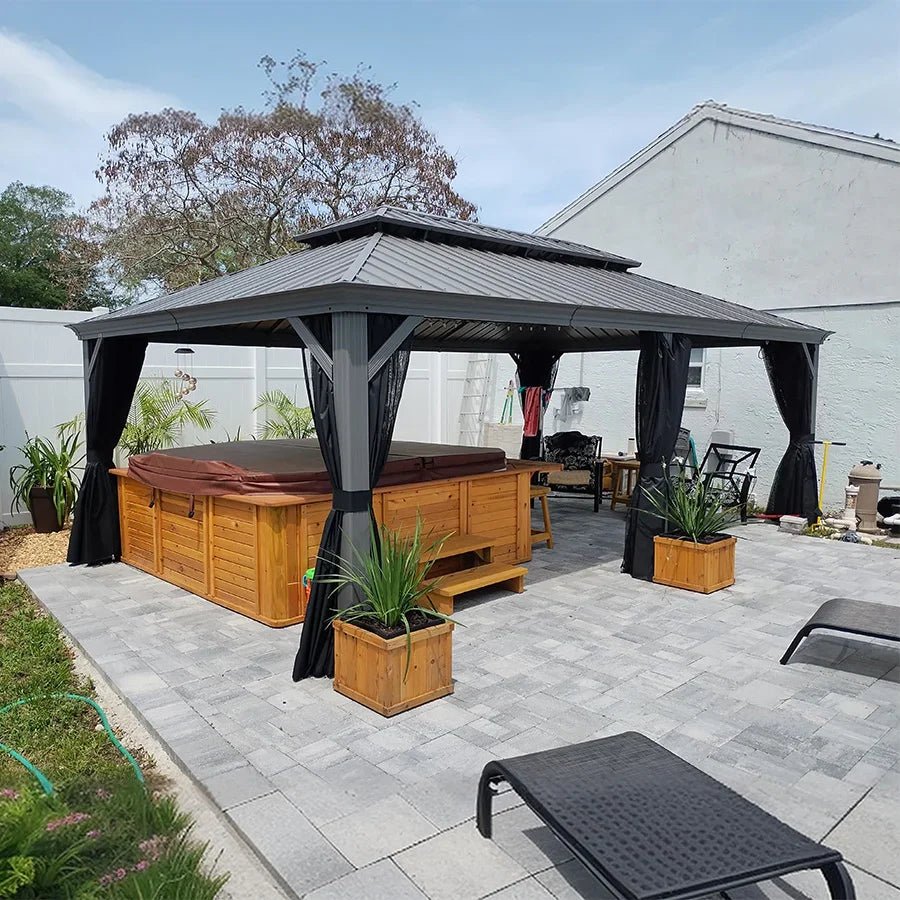 Patio Gazebo for Pool Light Grey Hardtop Galvanized Steel Roof with Upgraded Curtains - Image 80