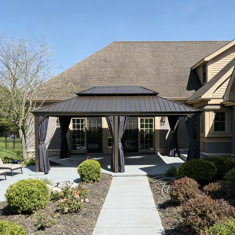 Outdoor Hardtop Gazebo for Patio Bronze Aluminum Frame Pavilion with Navy-Blue Curtain and String Lights-clear - Image 133
