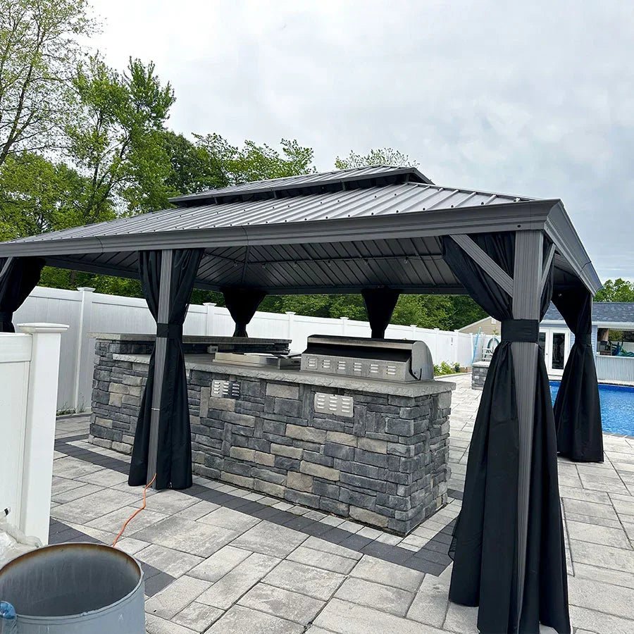 Patio Gazebo for Pool Light Grey Hardtop Galvanized Steel Roof with String Lights-milky - Image 62
