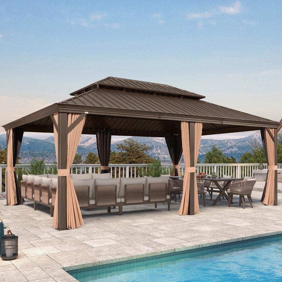 Outdoor Hardtop Gazebo for Garden Bronze Double Roof Aluminum Frame Pavilion with String Lights-milky - Image 67