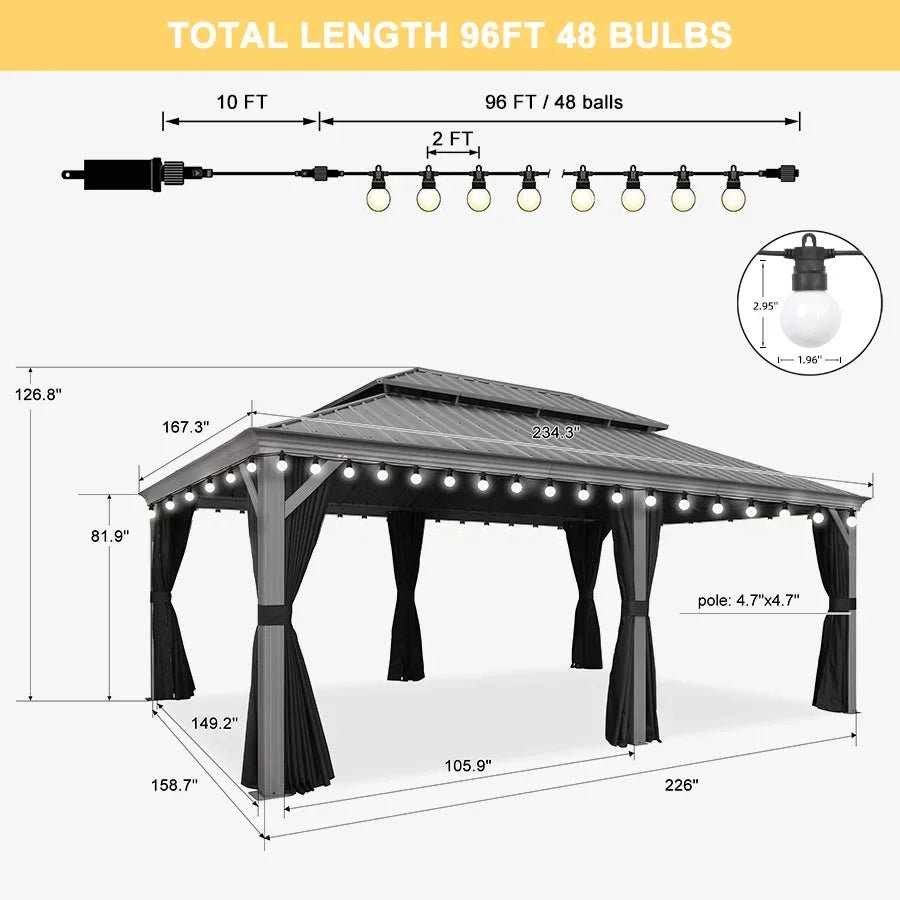 Patio Gazebo for Pool Light Grey Hardtop Galvanized Steel Roof with String Lights-milky - Image 95