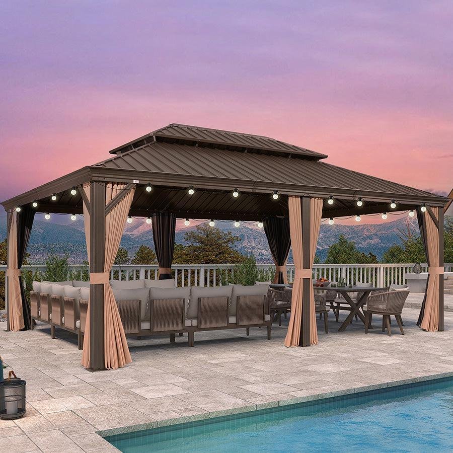 Outdoor Hardtop Gazebo for Garden Bronze Double Roof Aluminum Frame Pavilion with String Lights-milky - Image 70
