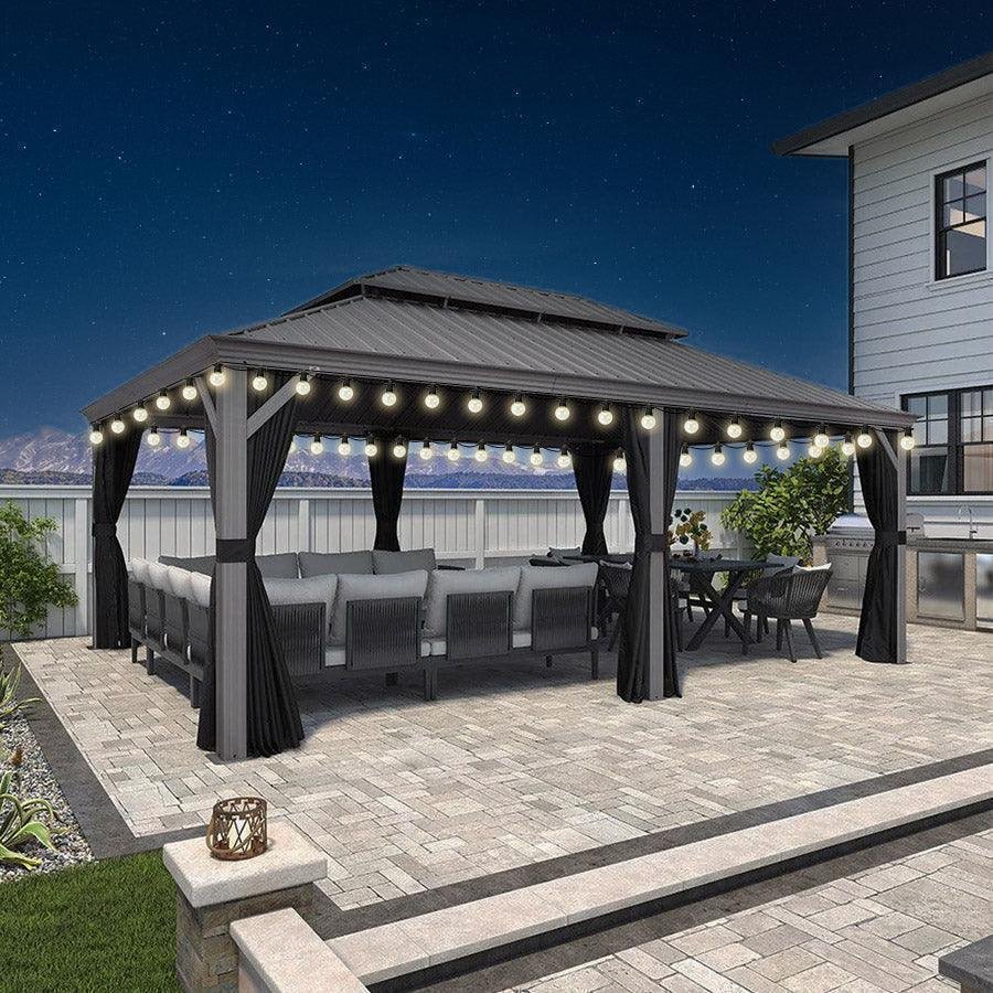Patio Gazebo for Pool Light Grey Hardtop Galvanized Steel Roof with String Lights-milky - Image 16