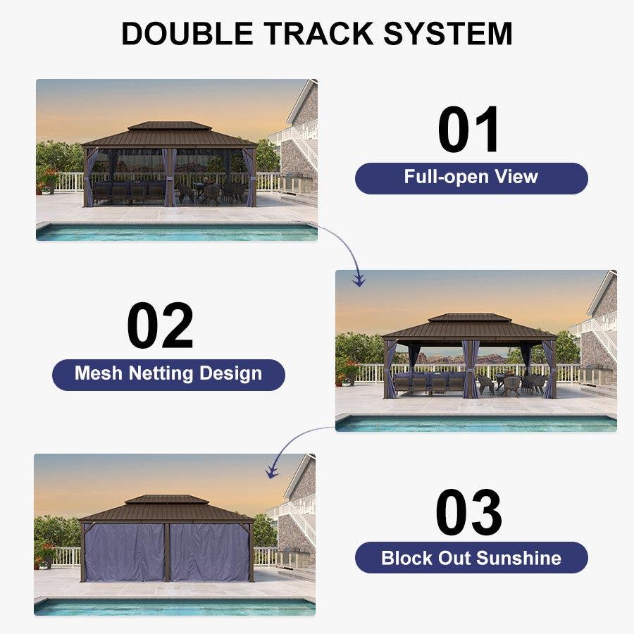 Outdoor Hardtop Gazebo for Patio Bronze Aluminum Frame Pavilion with Navy-Blue Curtain and String Lights-clear - Image 91