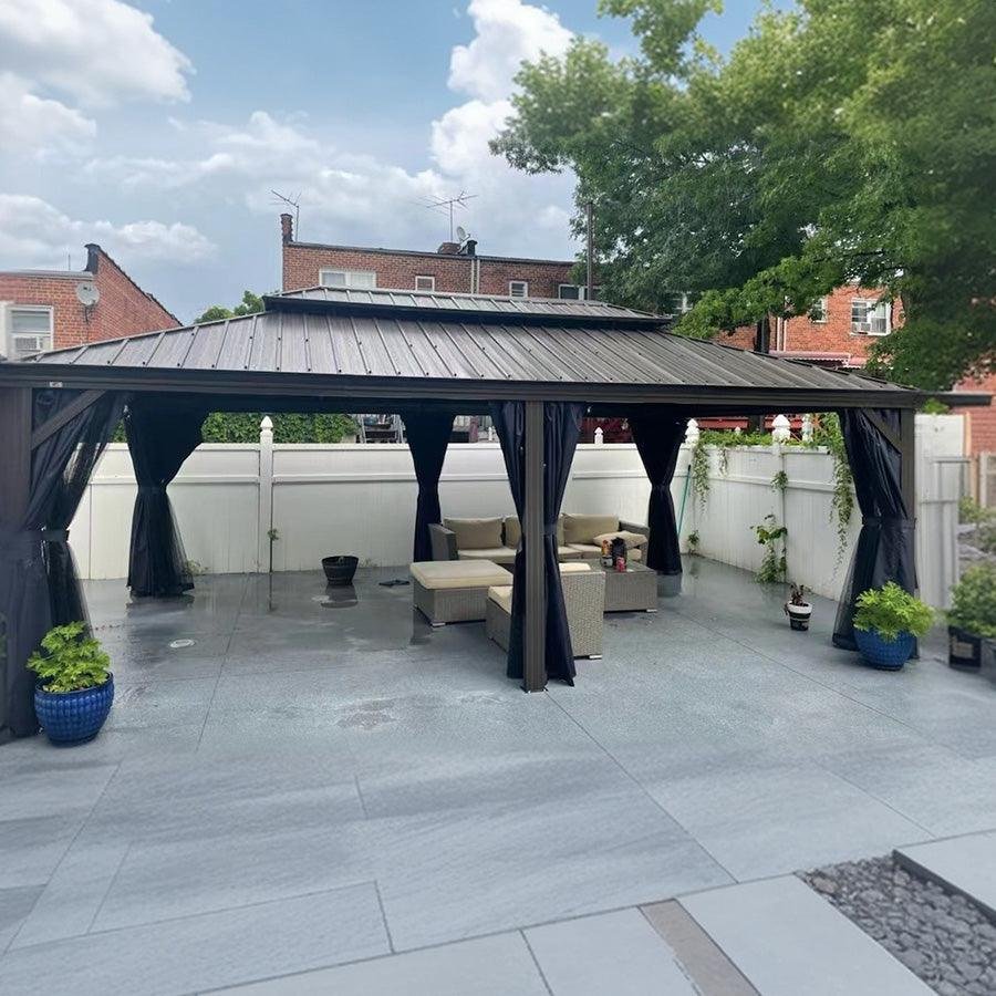 Outdoor Hardtop Gazebo for Patio Bronze Aluminum Frame Pavilion with Navy-Blue Curtain and String Lights-clear - Image 3