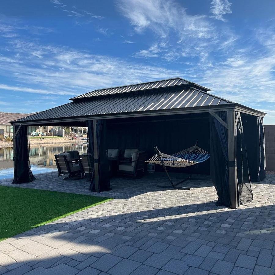 Outdoor Hardtop Gazebo for Patio Bronze Aluminum Frame Pavilion with Navy-Blue Curtain - Image 120
