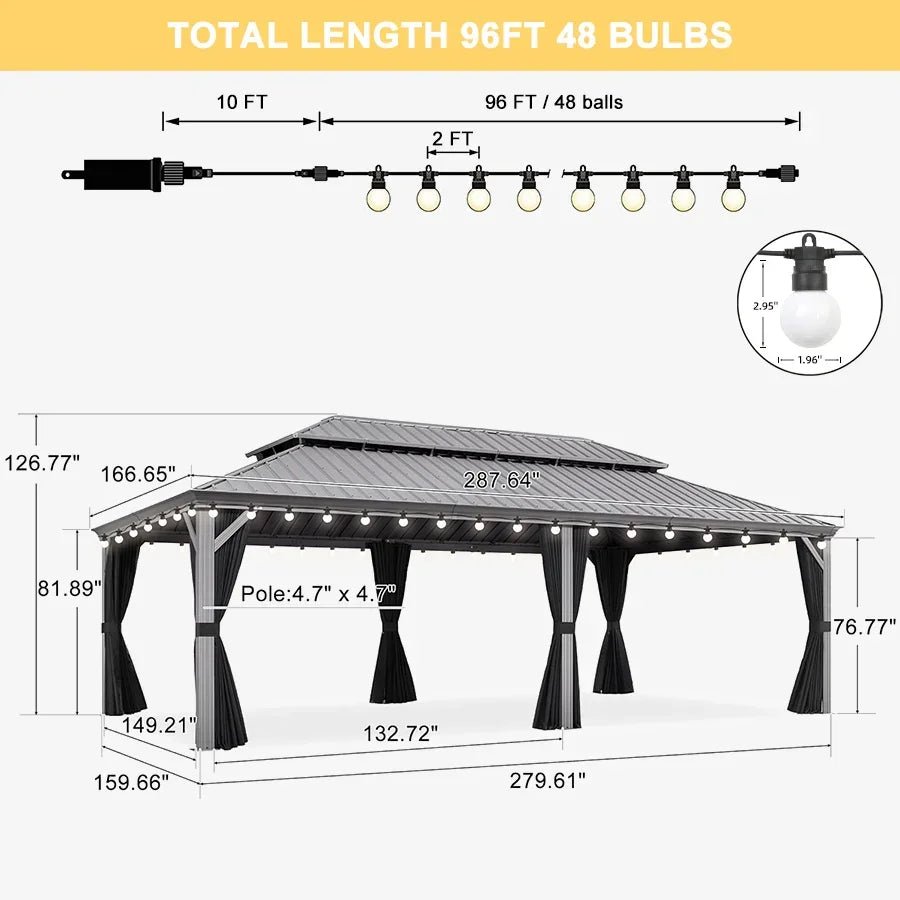 Patio Gazebo for Pool Light Grey Hardtop Galvanized Steel Roof with String Lights-milky - Image 94