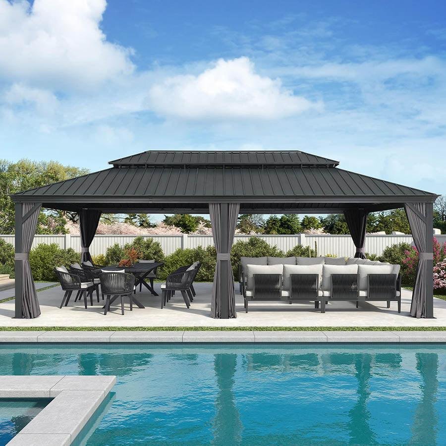 Gazebo for Backyard Grey Hardtop Galvanized Steel Roof Awning with String Lights-clear - Image 58