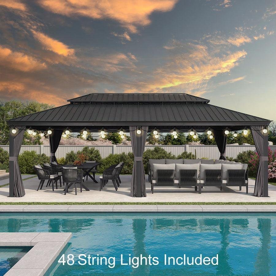 Gazebo for Backyard Grey Hardtop Galvanized Steel Roof Awning with String Lights-clear - Image 61
