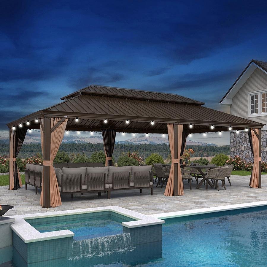 Outdoor Hardtop Gazebo for Garden Bronze Double Roof Aluminum Frame Pavilion with String Lights-milky - Image 68