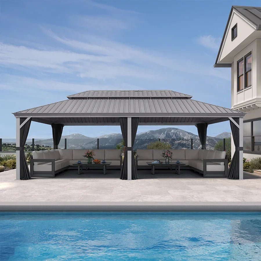 Patio Gazebo for Pool Light Grey Hardtop Galvanized Steel Roof with String Lights-milky - Image 81