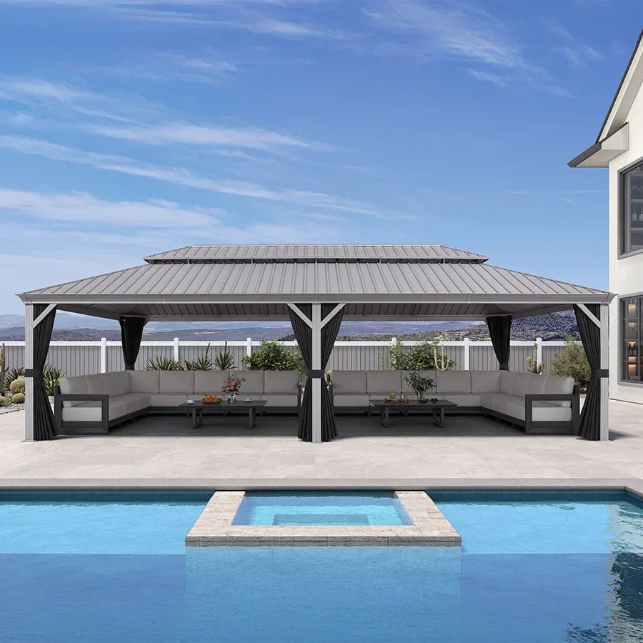Patio Gazebo for Pool Light Grey Hardtop Galvanized Steel Roof with Upgraded Curtains - Image 125