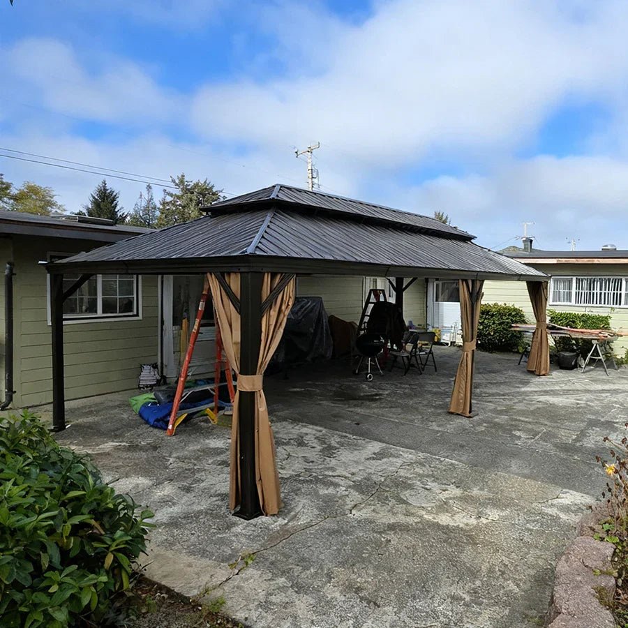 Outdoor Hardtop Gazebo for Garden Bronze Double Roof Aluminum Frame Pavilion with String Lights-clear - Image 123