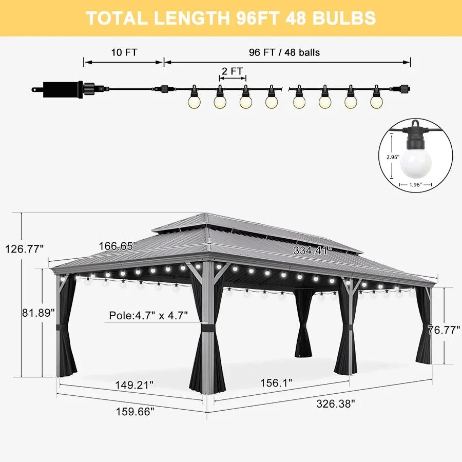 Patio Gazebo for Pool Light Grey Hardtop Galvanized Steel Roof with String Lights-milky - Image 100