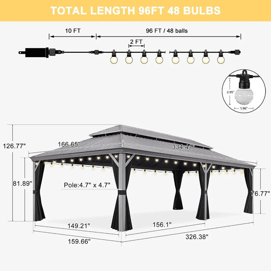 Patio Gazebo for Pool Light Grey Hardtop Galvanized Steel Roof with String Lights-clear - Image 97