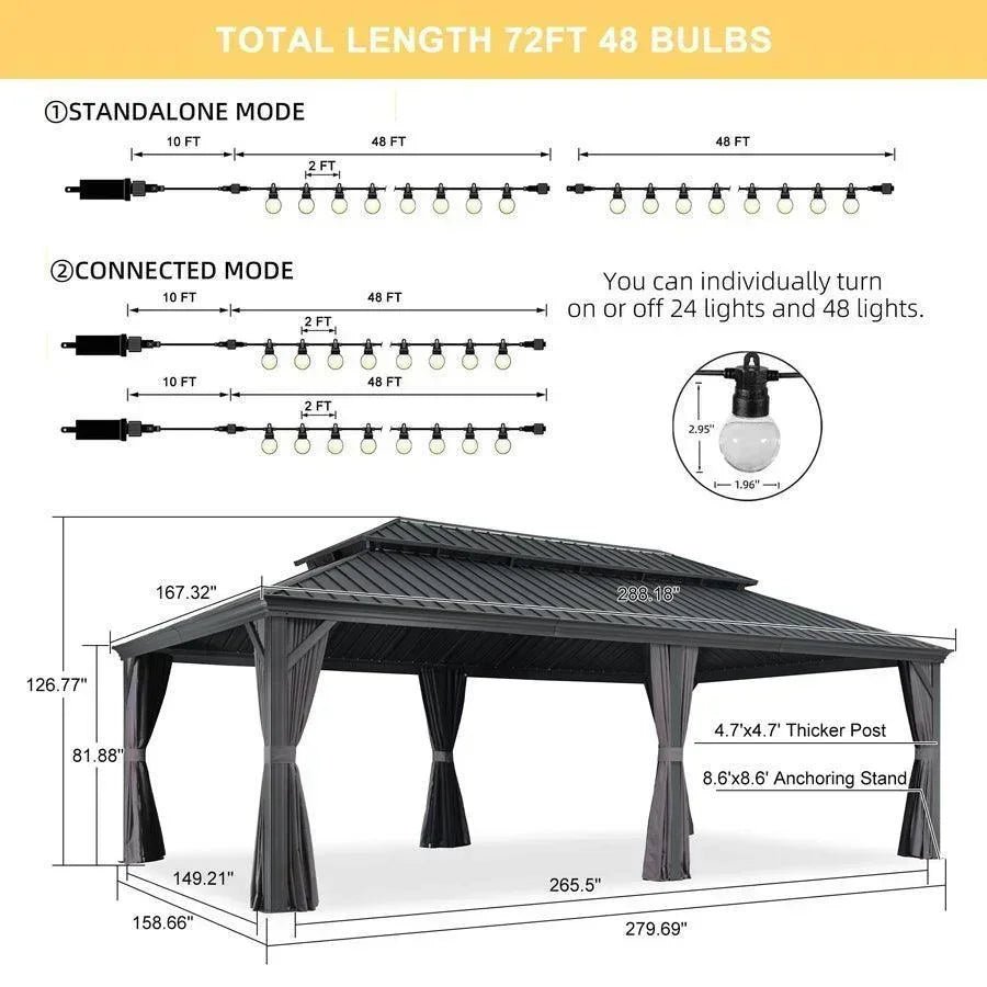 Gazebo for Backyard Grey Hardtop Galvanized Steel Roof Awning with String Lights-clear - Image 59