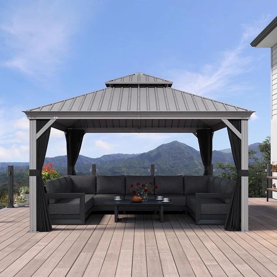 Patio Gazebo for Pool Light Grey Hardtop Galvanized Steel Roof with String Lights-milky - Image 76