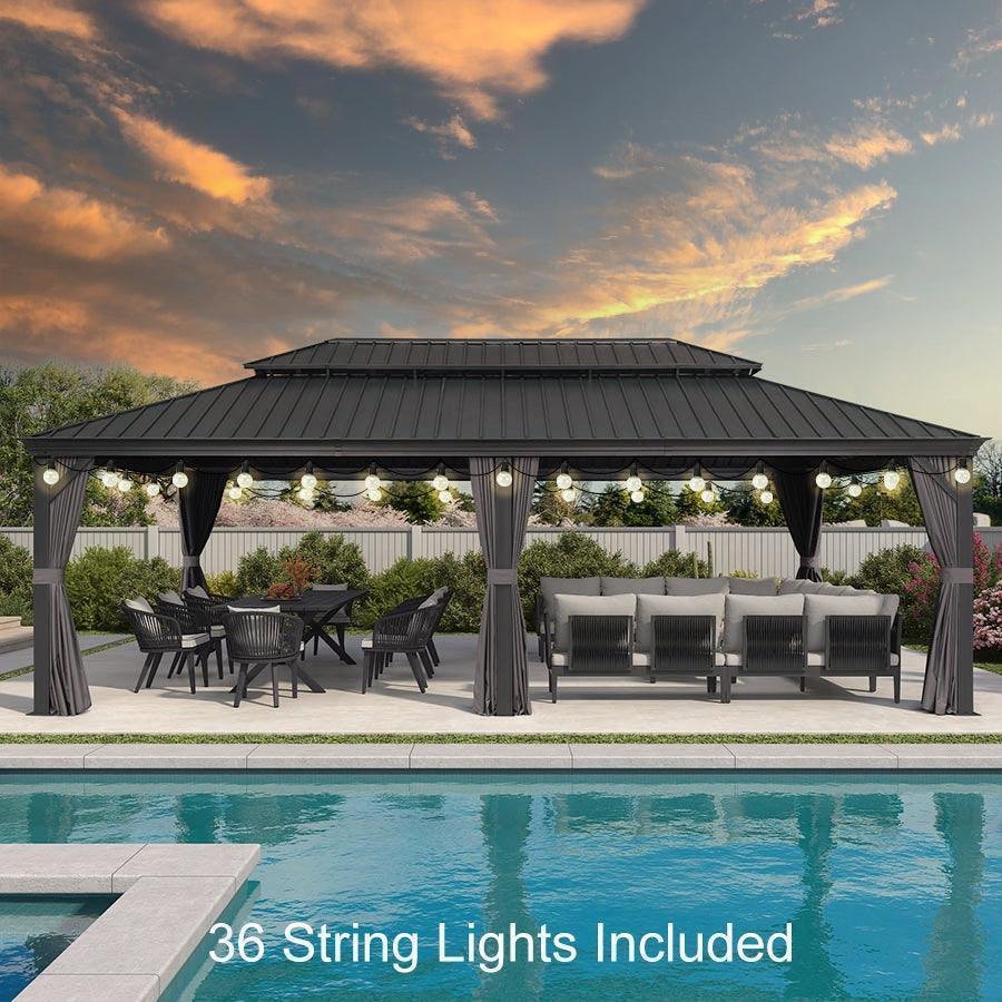 Gazebo for Backyard Grey Hardtop Galvanized Steel Roof Awning with String Lights-clear - Image 60