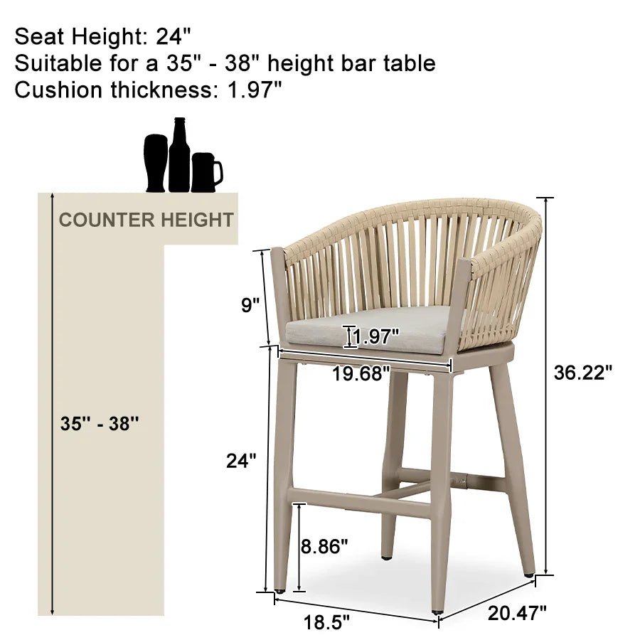 Counter Stools Bar Stools Rattan Bar Stools Wicker Bar Chairs Woven Aluminum Barstools with Back and Cushions - Image 63
