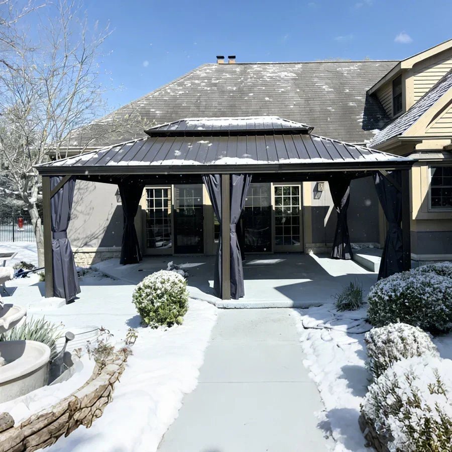 Outdoor Hardtop Gazebo for Patio Bronze Aluminum Frame Pavilion with Navy-Blue Curtain - Image 132