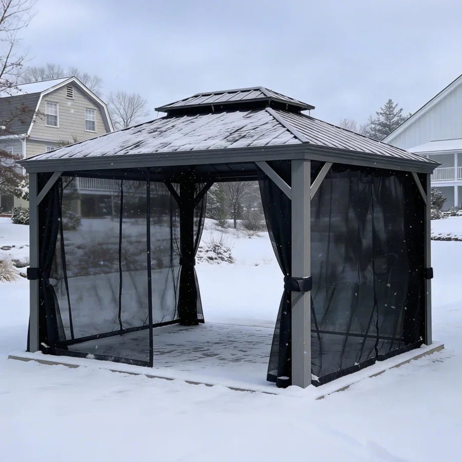 Patio Gazebo for Pool Light Grey Hardtop Galvanized Steel Roof with String Lights-milky - Image 71