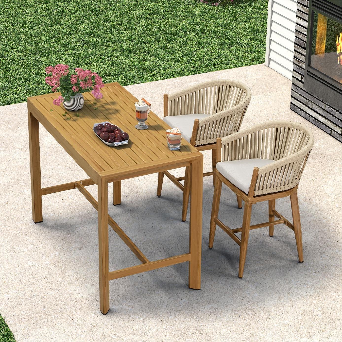 Counter Stools Bar Stools Rattan Bar Stools Wicker Bar Chairs Woven Aluminum Barstools with Back and Cushions - Image 88