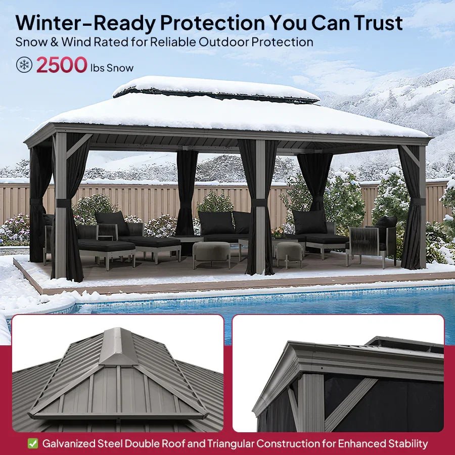 Patio Gazebo for Pool Light Grey Hardtop Galvanized Steel Roof with Upgraded Curtains - Image 101