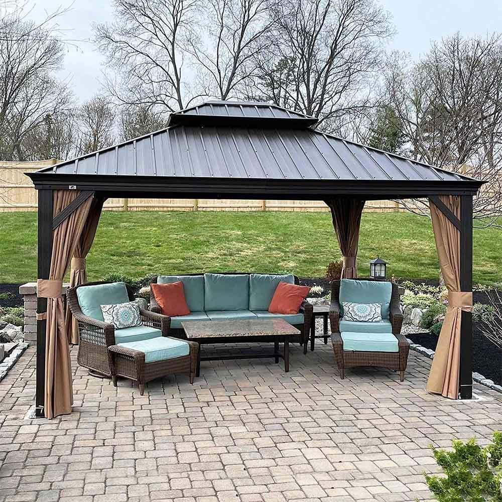 Outdoor Hardtop Gazebo for Garden Bronze Double Roof Aluminum Frame Pavilion - Image 30