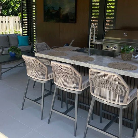 Bar Stools Set of 4 Outdoor Aluminum Barstools with Back Modern Wicker Rattan Boho Garden Pool Patio Bar Chairs - Image 59